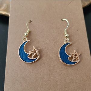 New Hand Crafted Cute Blue Moon and Star Earrings 14K Gold Plated Hooks